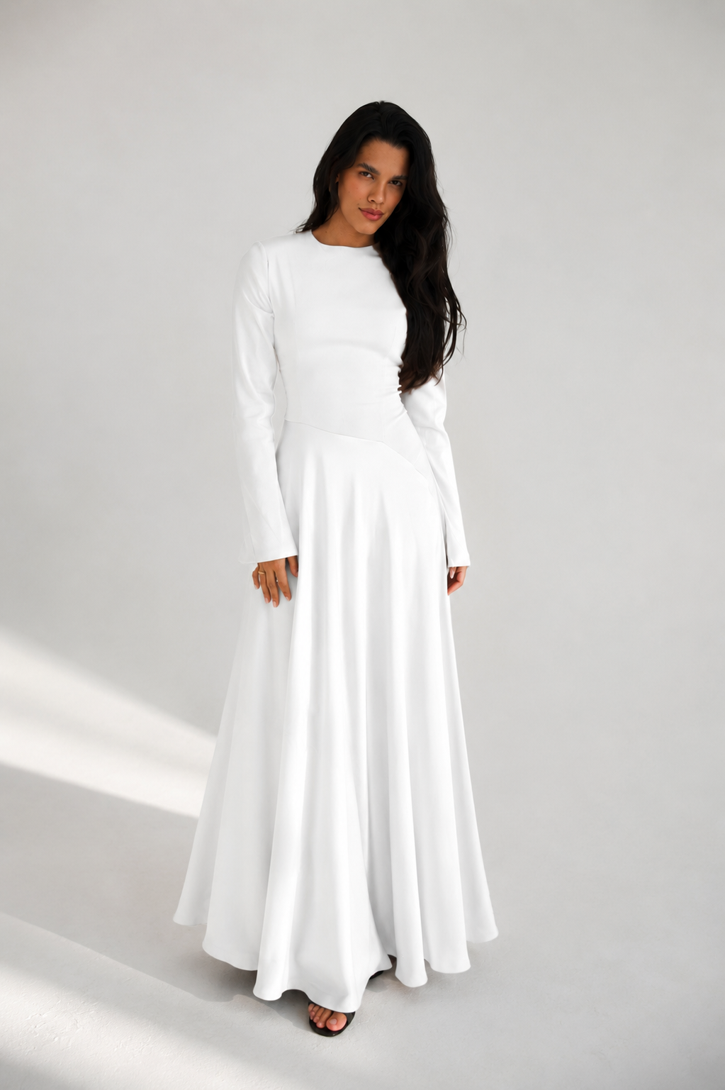 Satin half and half A-line dress in offwhite