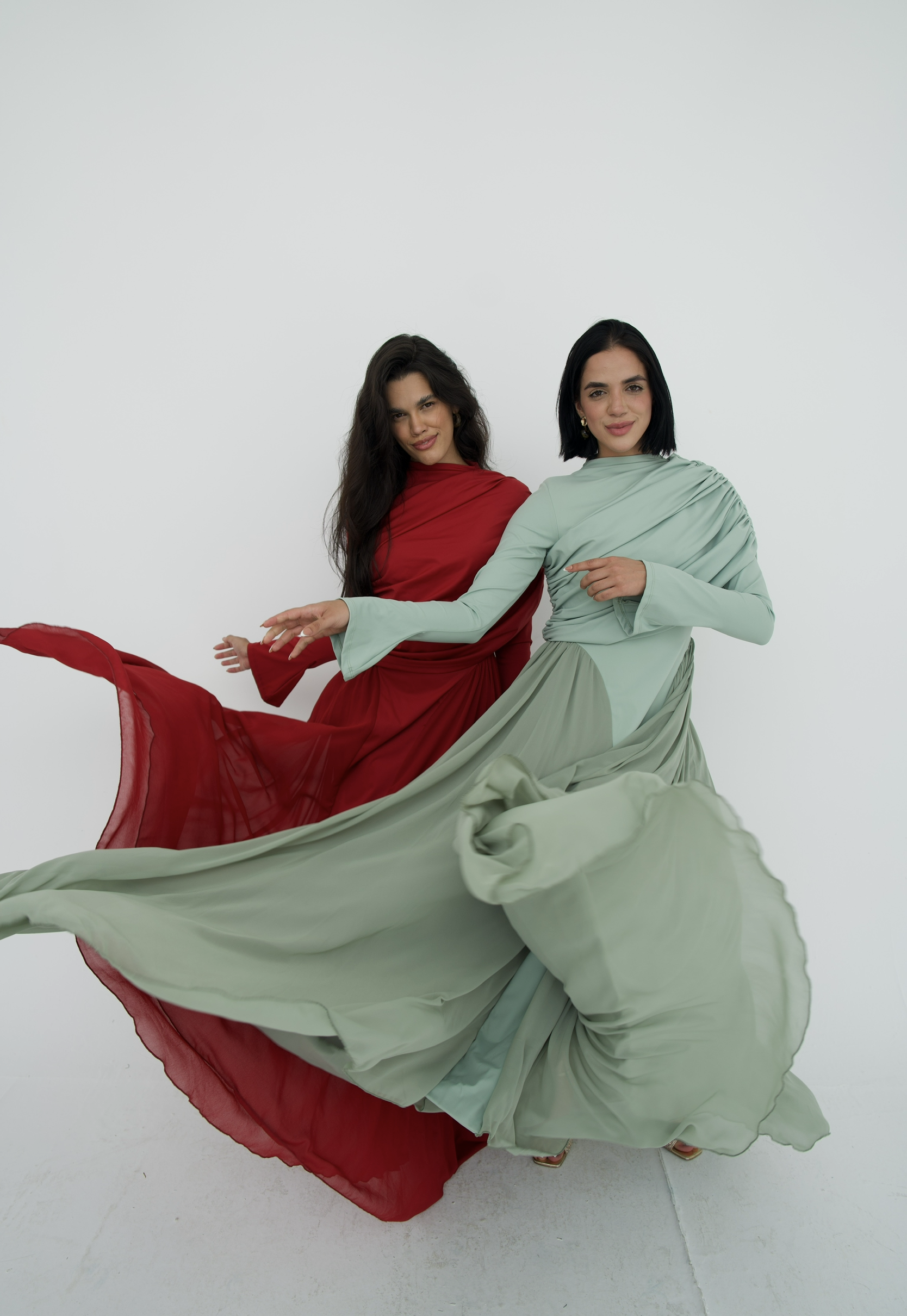 Amwaj gown with shoulder drappes in Mint with chest cover