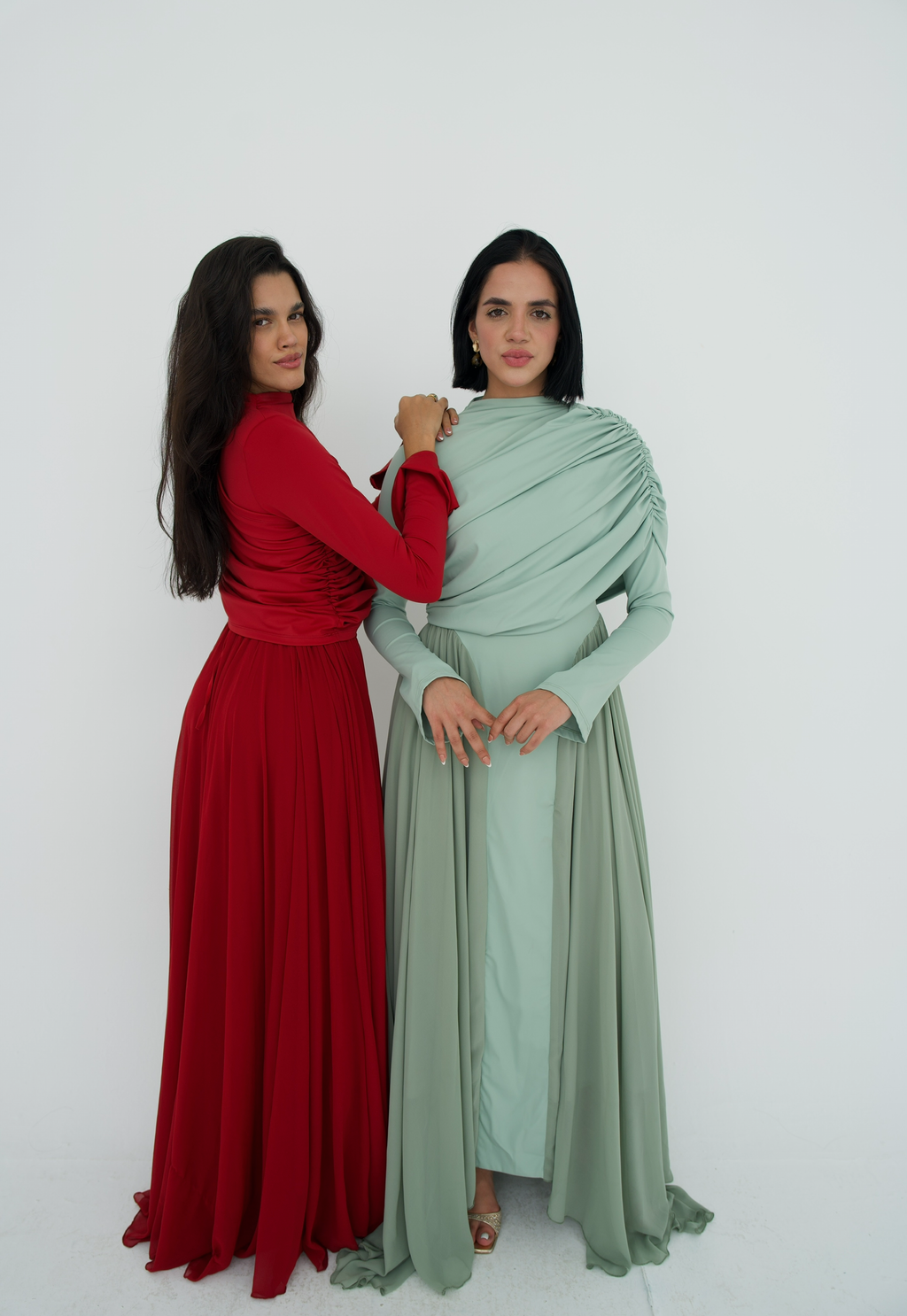 Amwaj gown with shoulder drappes in Mint with chest cover