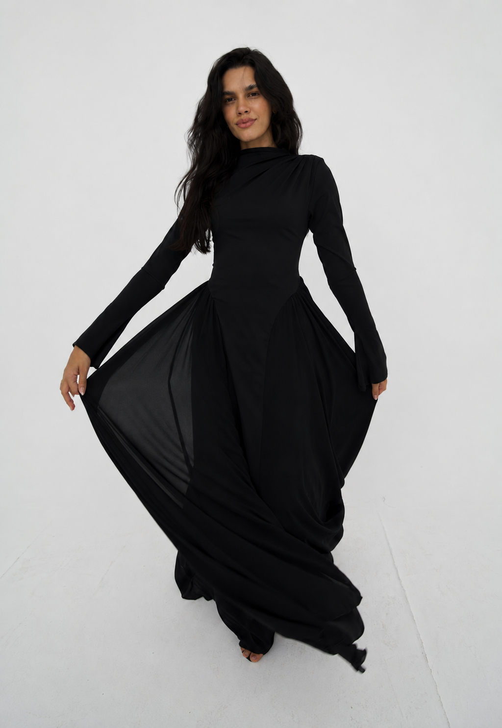 Amwaj gown with shoulder drapes in Black with chest cover