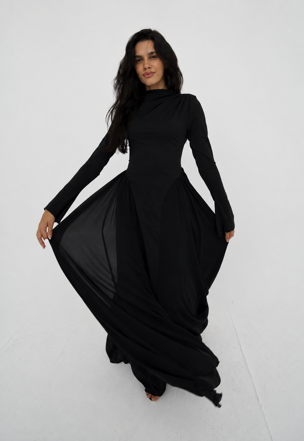 Amwaj gown with shoulder drapes in Black with chest cover