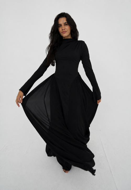 Amwaj gown with shoulder drapes in Black with chest cover