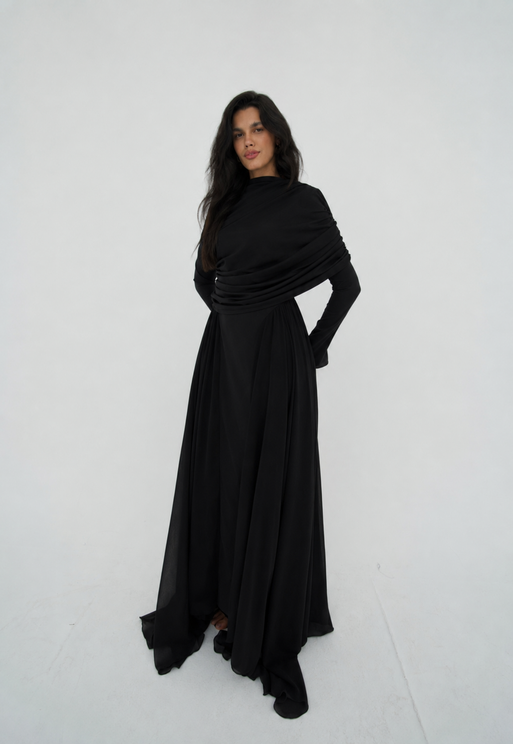 Amwaj gown with shoulder drapes in Black with chest cover