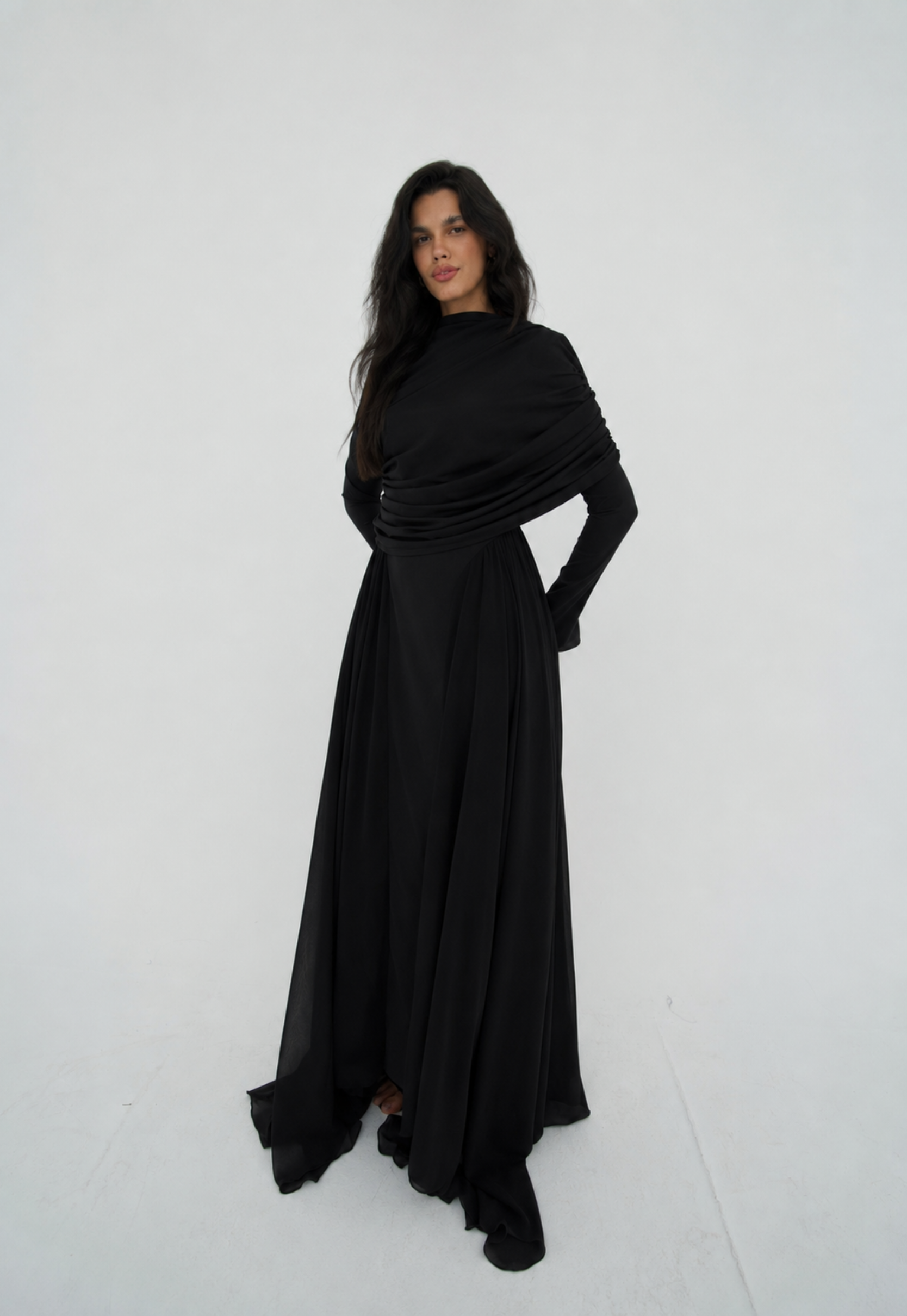 Amwaj gown with shoulder drapes in Black with chest cover