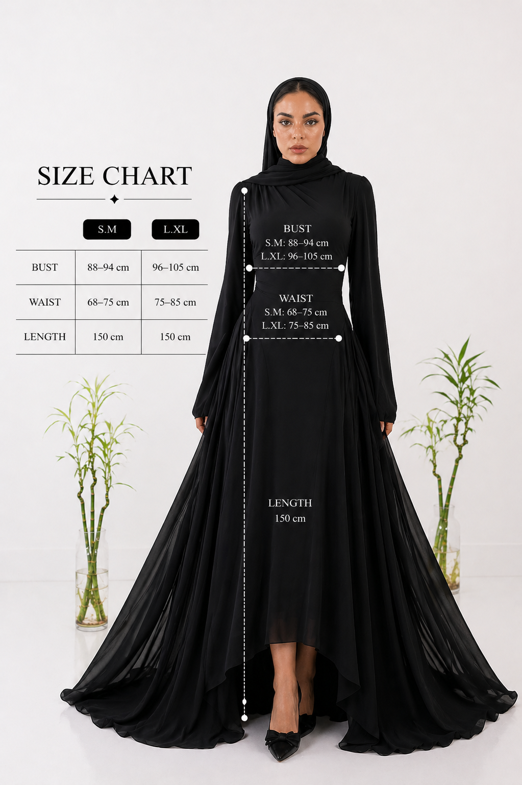 Amwaj gown with shoulder drapes in Black with chest cover