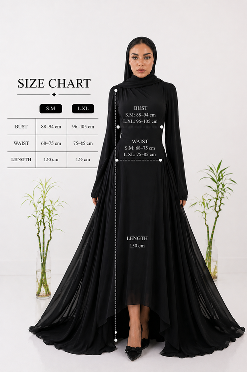 Amwaj gown with shoulder drapes in Black with chest cover