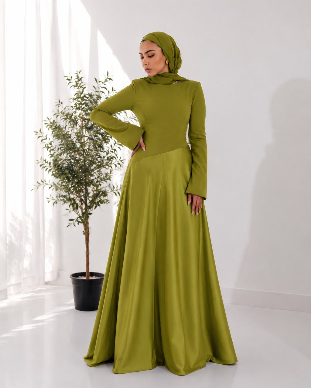 Satin half and half A-line dress in lime green