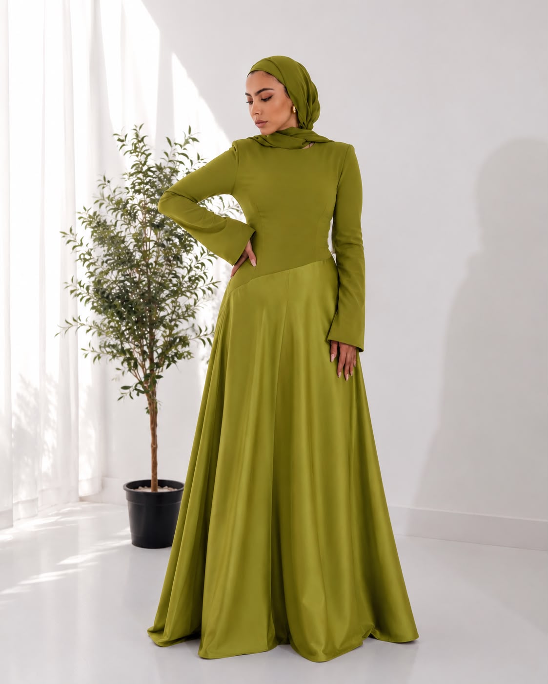Satin half and half A-line dress in lime green