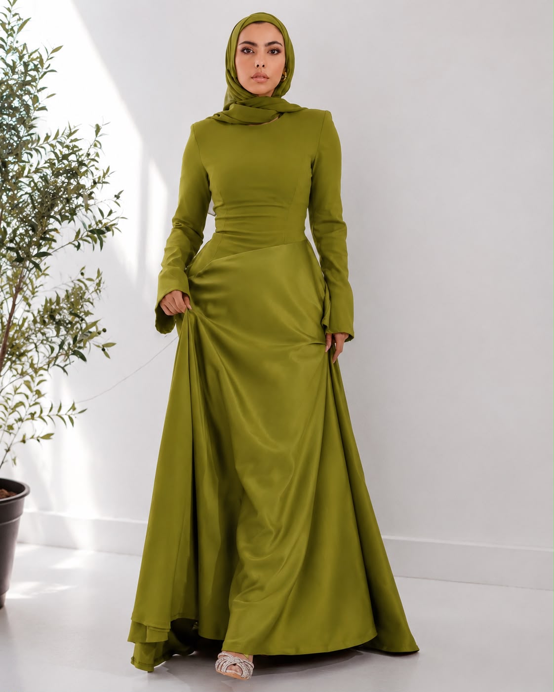 Satin half and half A-line dress in lime green