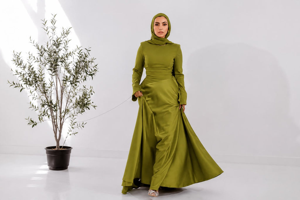 Satin half and half A-line dress in lime green
