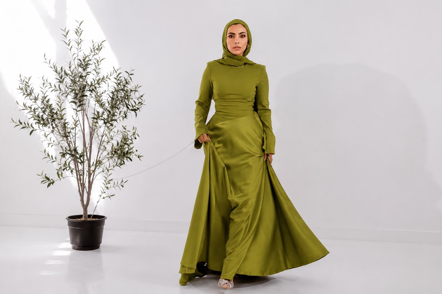 Satin half and half A-line dress in lime green