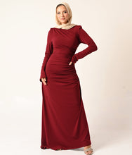 Load image into Gallery viewer, Rouched Side Long Sleeve Dress in dark red
