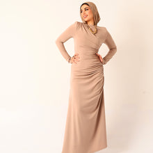 Load image into Gallery viewer, Rouched Side Long Sleeve Dress in Beige
