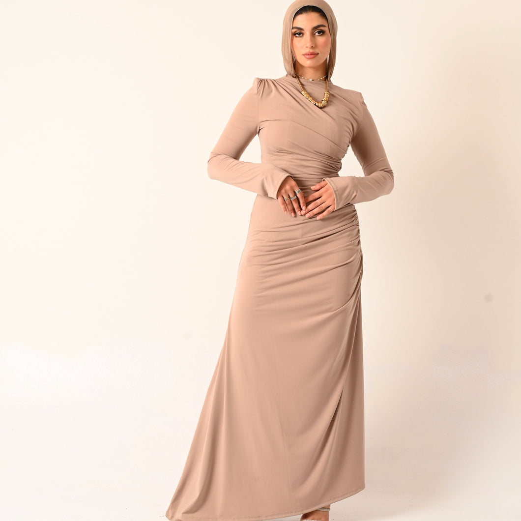 Rouched Side Long Sleeve Dress in Beige