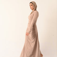 Load image into Gallery viewer, Rouched Side Long Sleeve Dress in Beige
