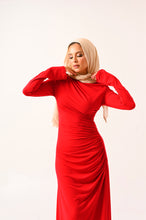 Load image into Gallery viewer, Rouched Side Long Sleeve Dress in Red
