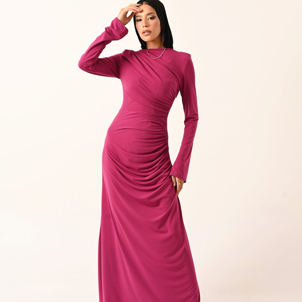 Rouched Side Long Sleeve Dress in bubblegum