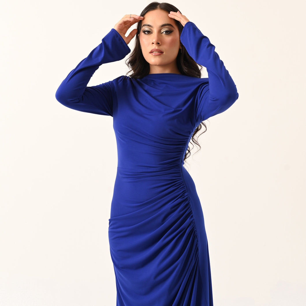 Rouched Side Long Sleeve Dress in Royal blue