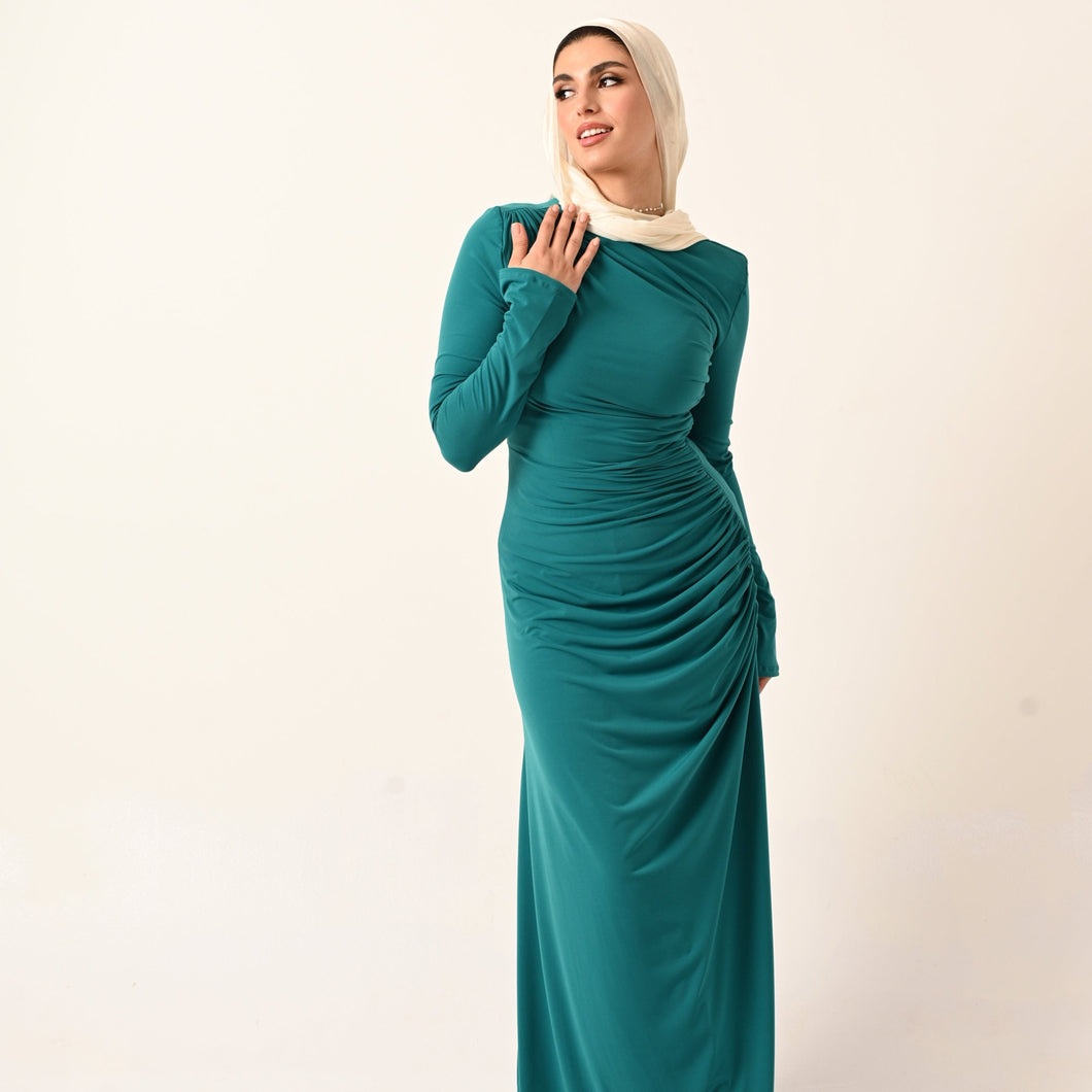Rouched Side Long Sleeve Dress in Teal