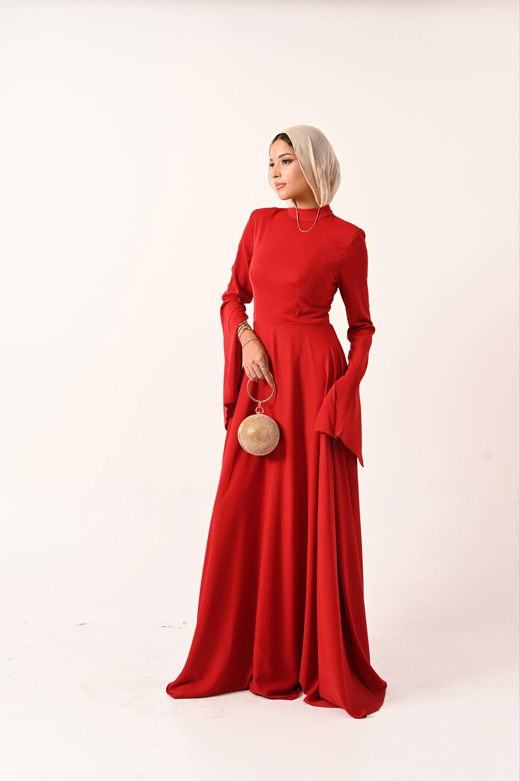 Long Sleeves A- Line dress in Red