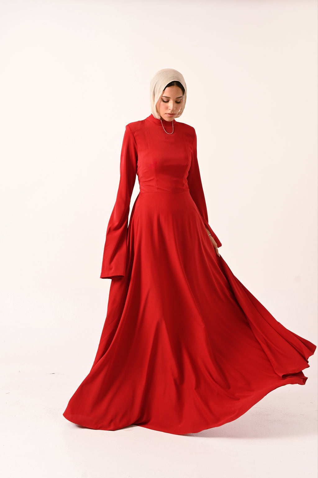 Long Sleeves A- Line dress in Red