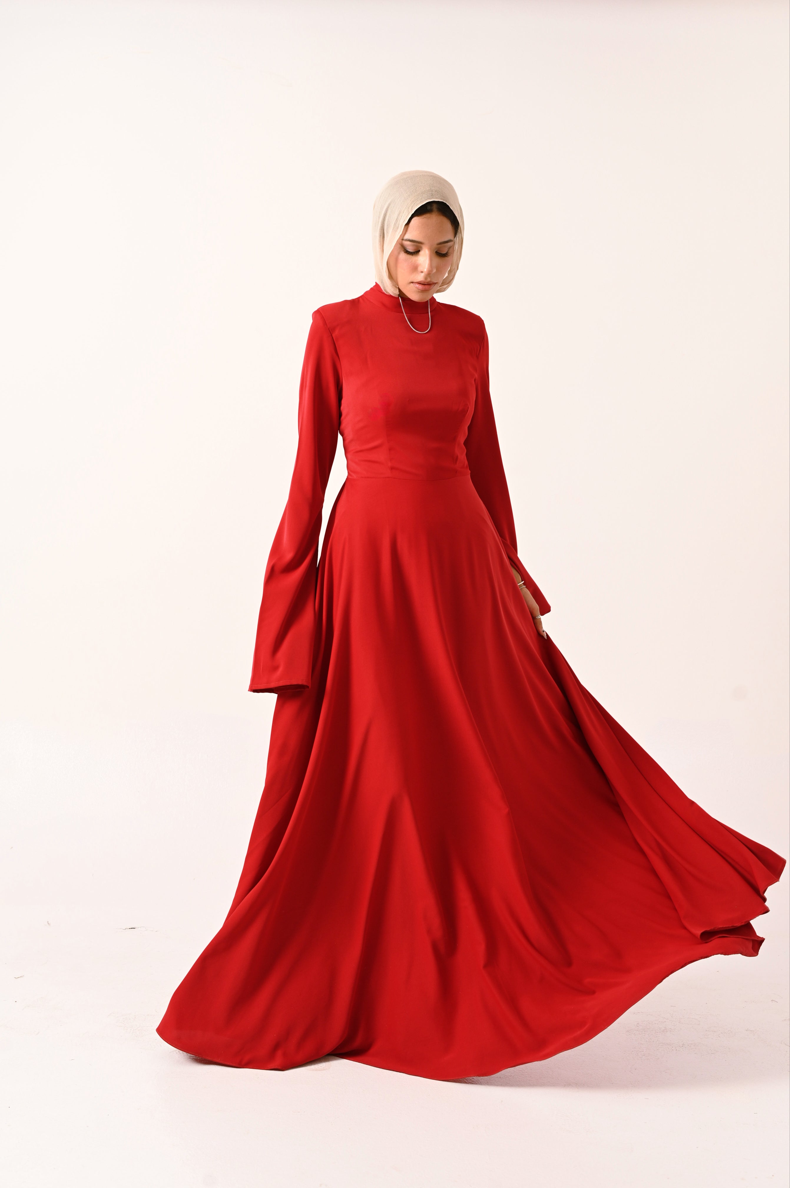 Long Sleeves A- Line dress in Red