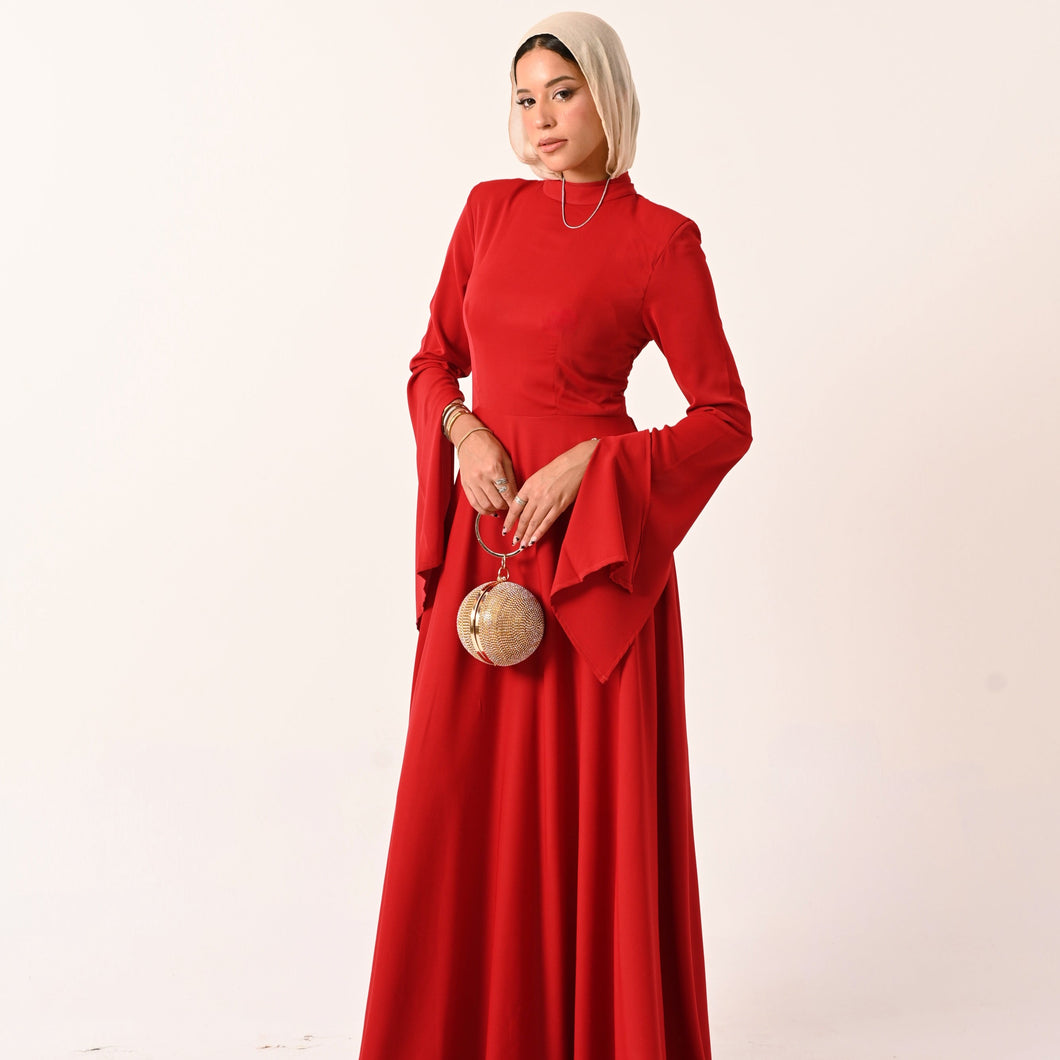 Long Sleeves A- Line dress in Red