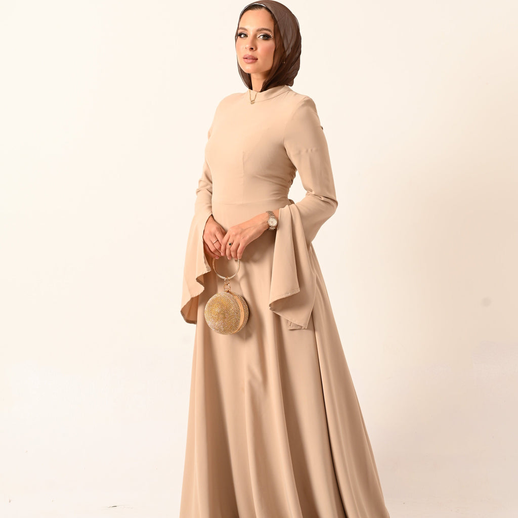Long sleeves A- Line dress in Beige