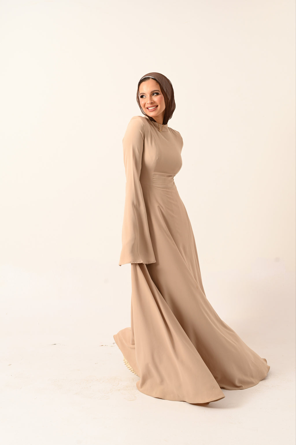 Long sleeves A- Line dress in Beige