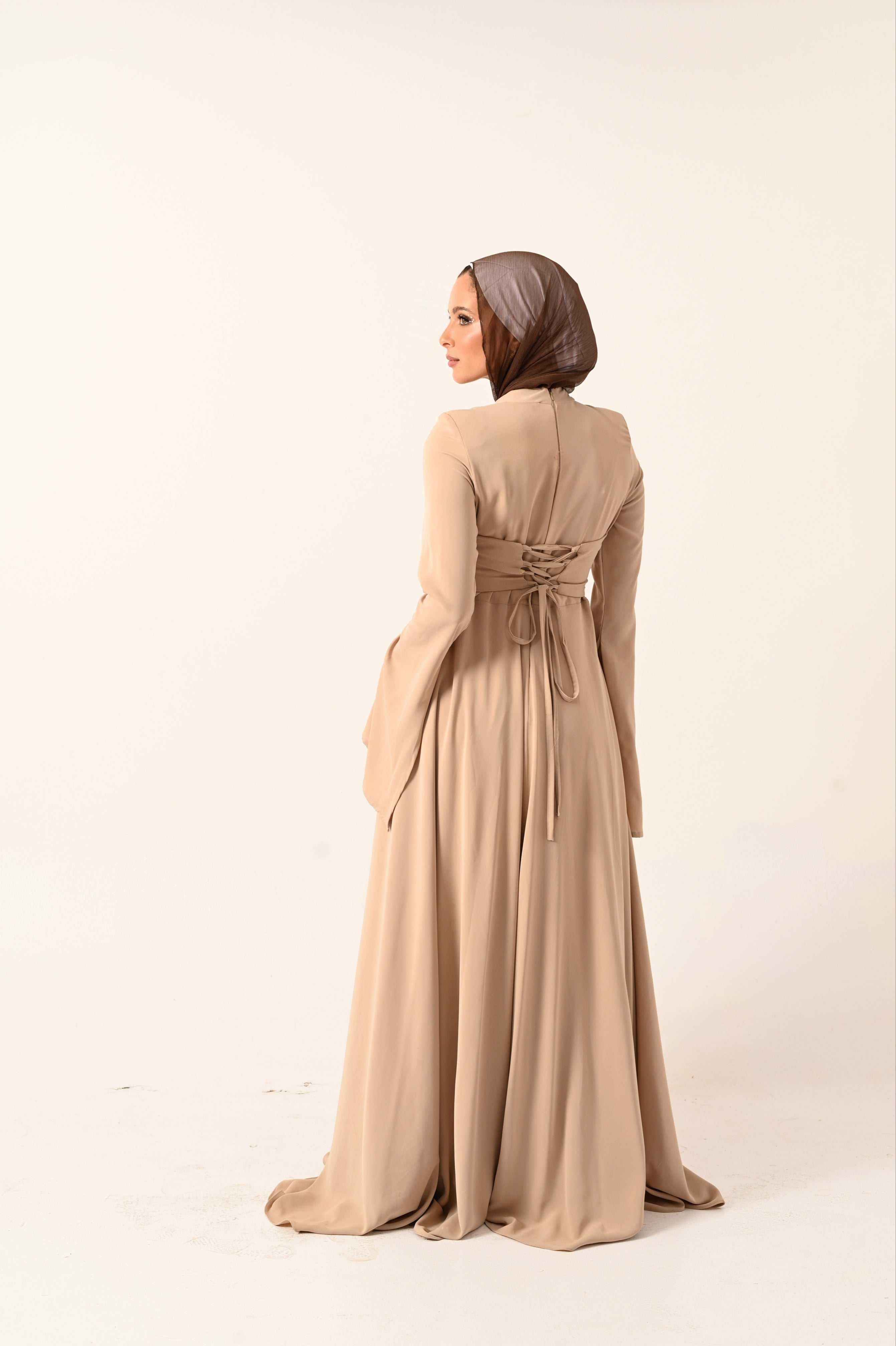 Long sleeves A- Line dress in Beige