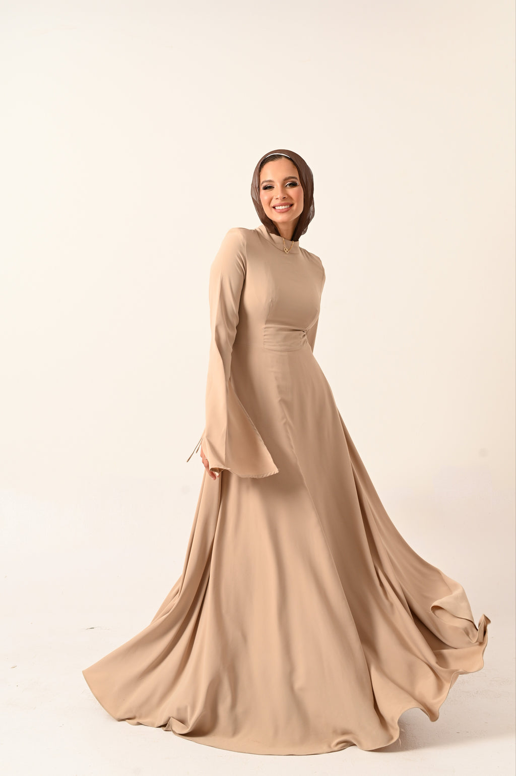 Long sleeves A- Line dress in Beige