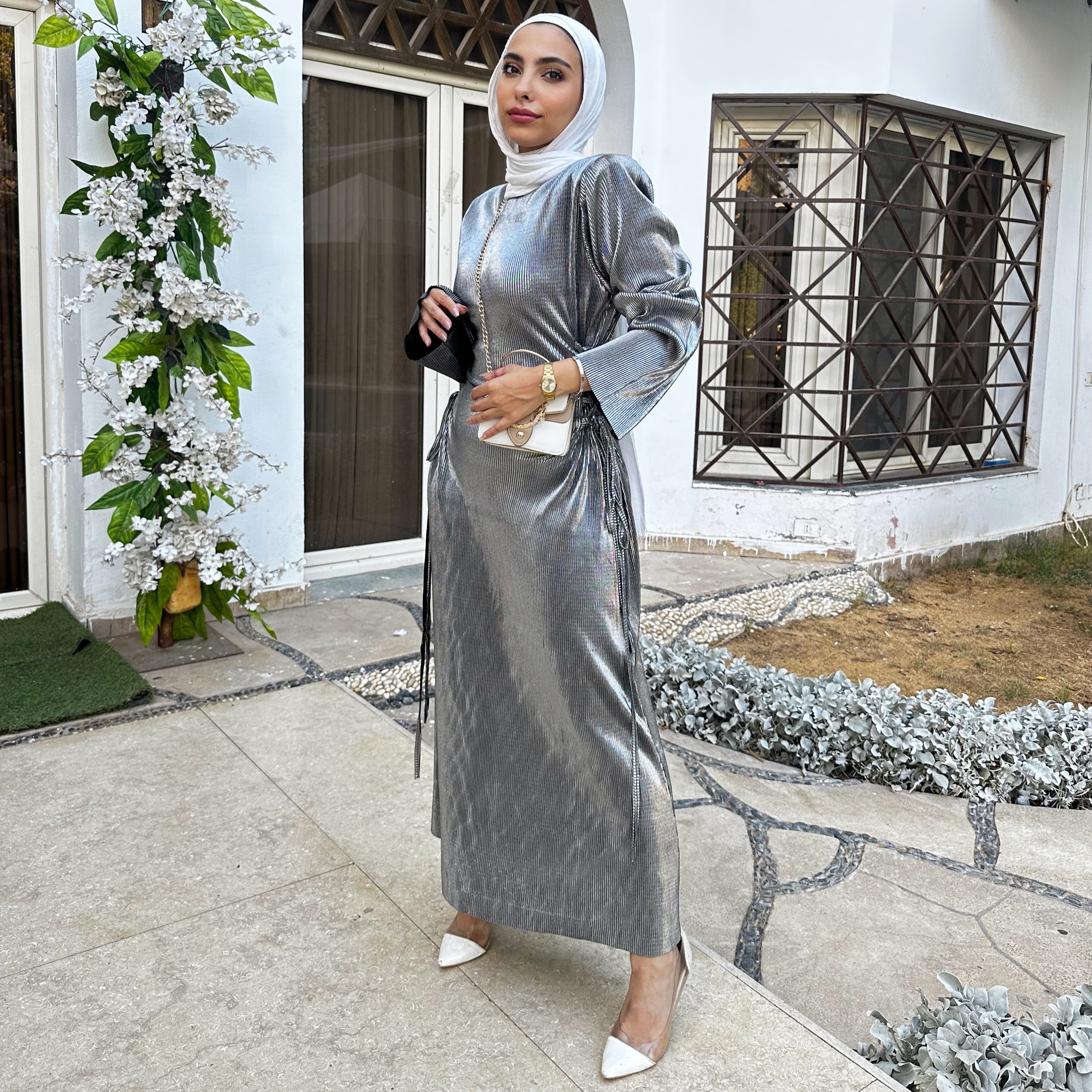 plisse waisted in silver