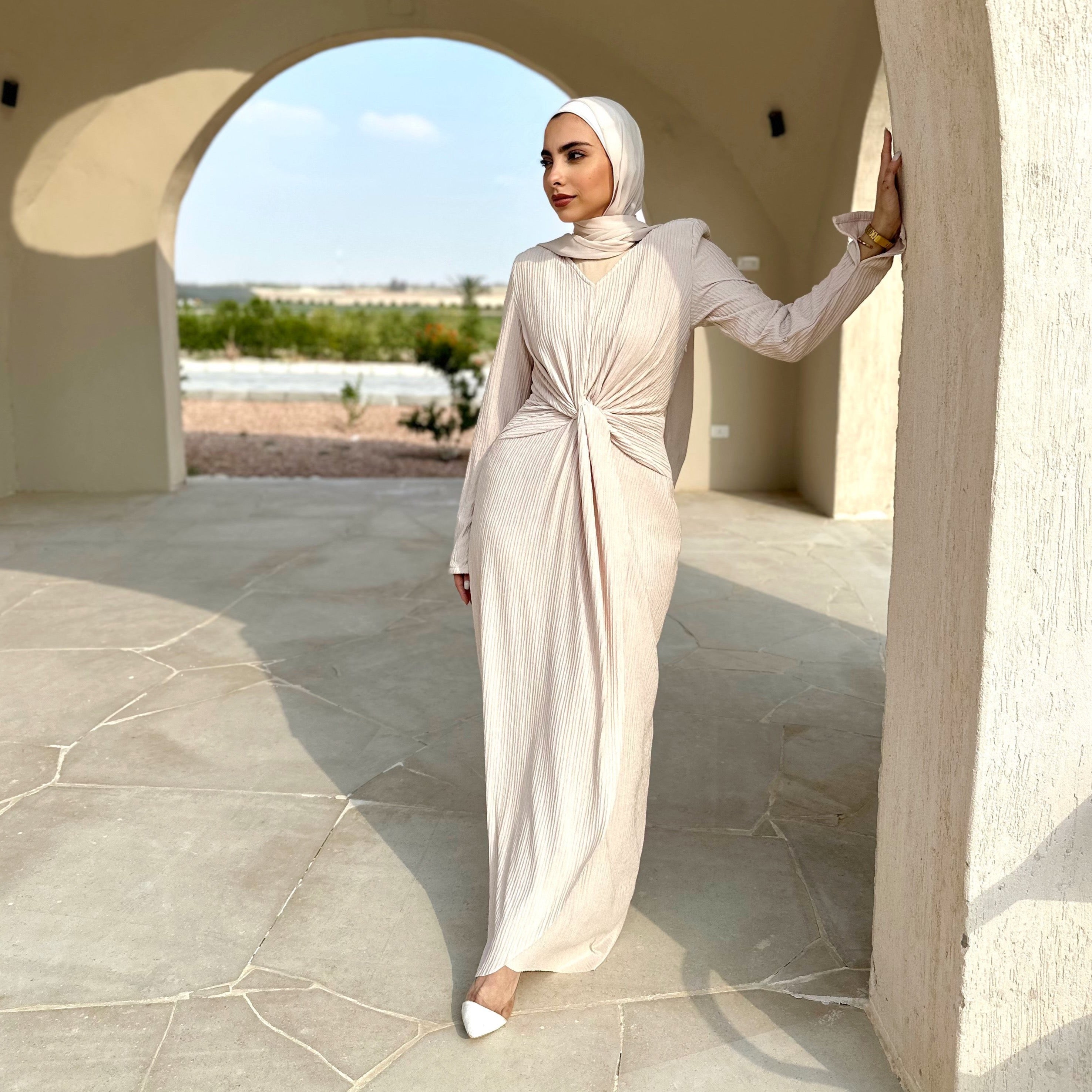 twisted knot maxi dress in beige