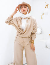Load image into Gallery viewer, Linen Wrapped shirt &amp; wide legs Pants Set in Beige
