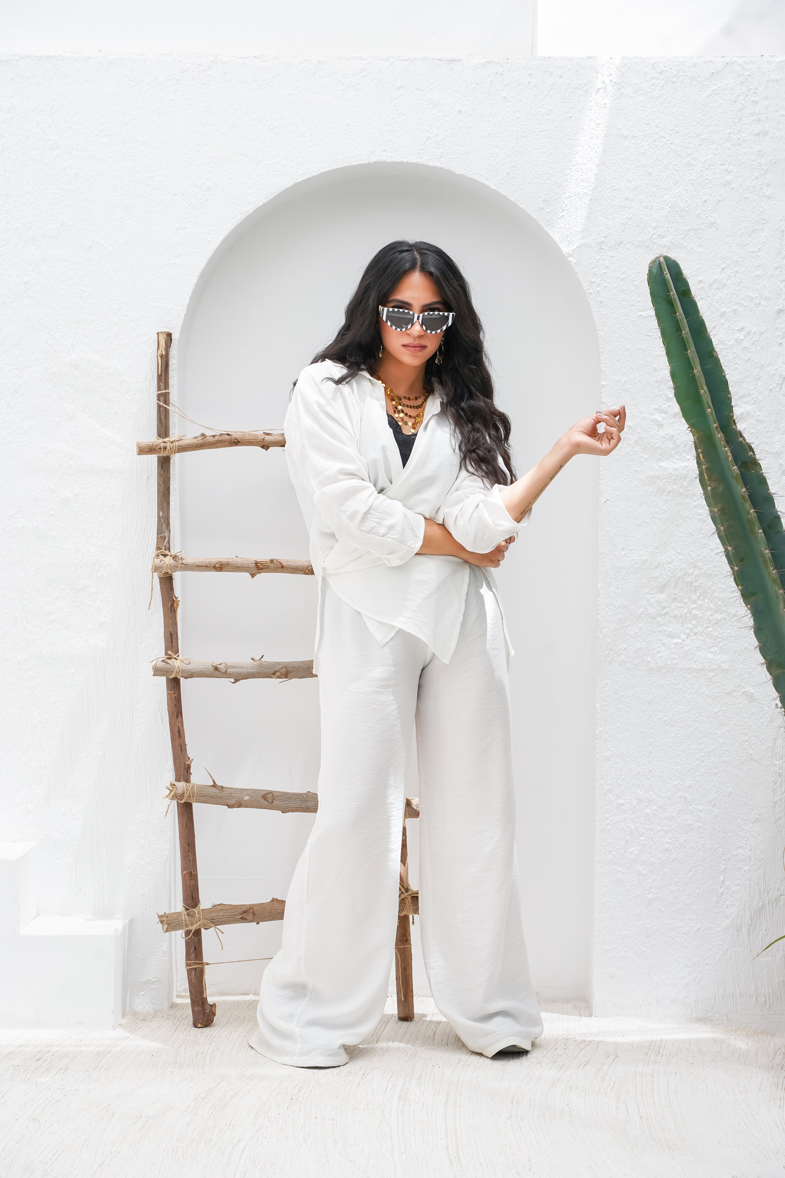 Linen Wrapped shirt & wide legs Pants Set in White