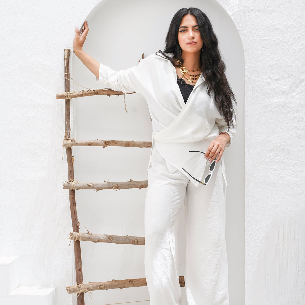 Linen Wrapped shirt & wide legs Pants Set in White