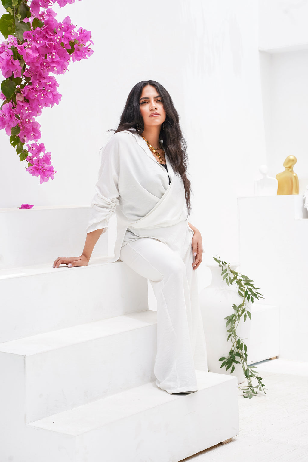 Linen Wrapped shirt & wide legs Pants Set in White
