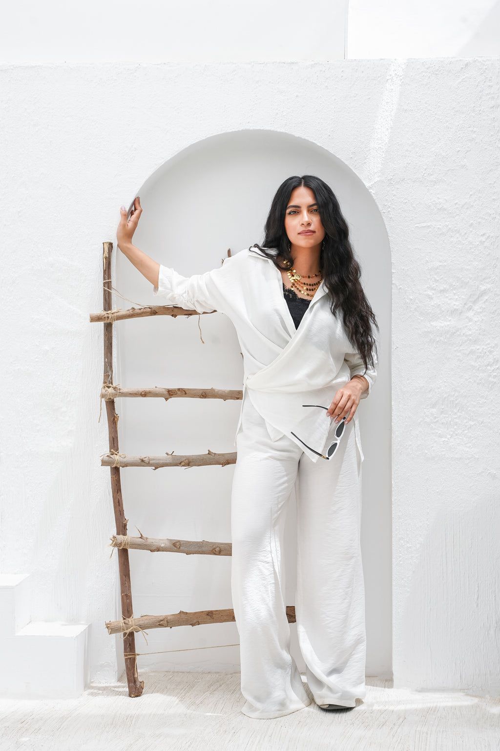 Linen Wrapped shirt & wide legs Pants Set in White