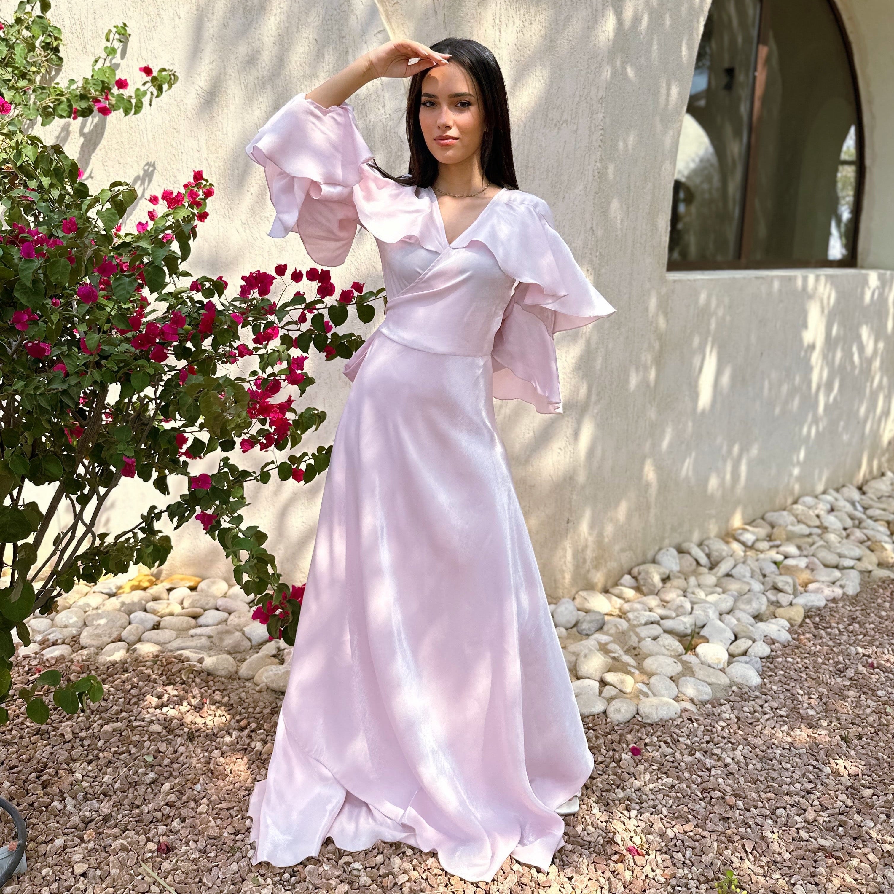 Ruffles wrapped dress in Pink – Safa ghaly