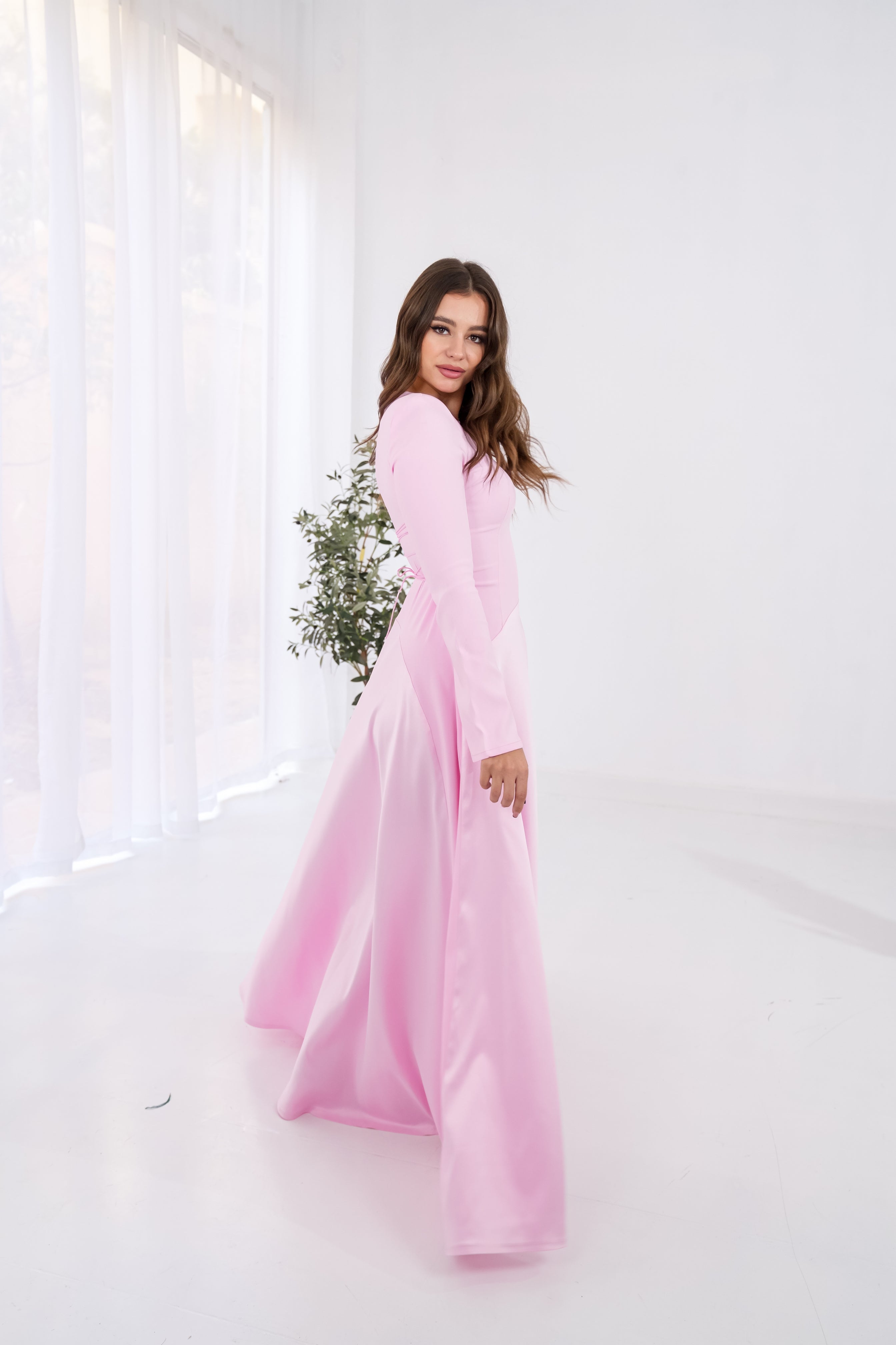 Satin half and half A-Line Dress in Pink