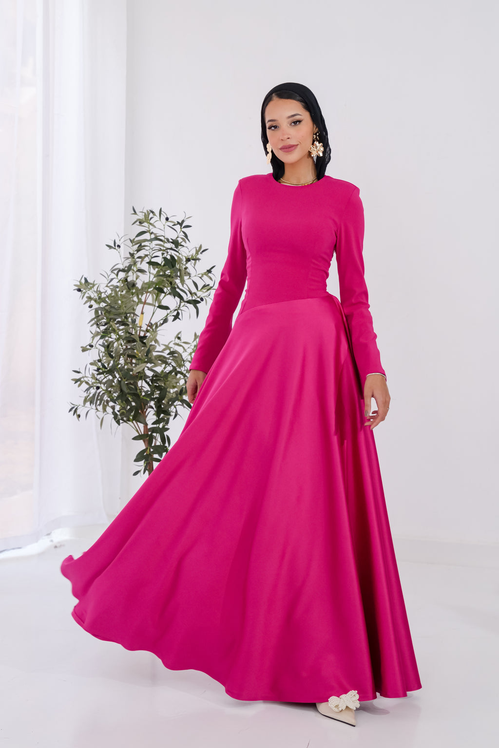 Satin half and half A-Line Dress in Hot Pink