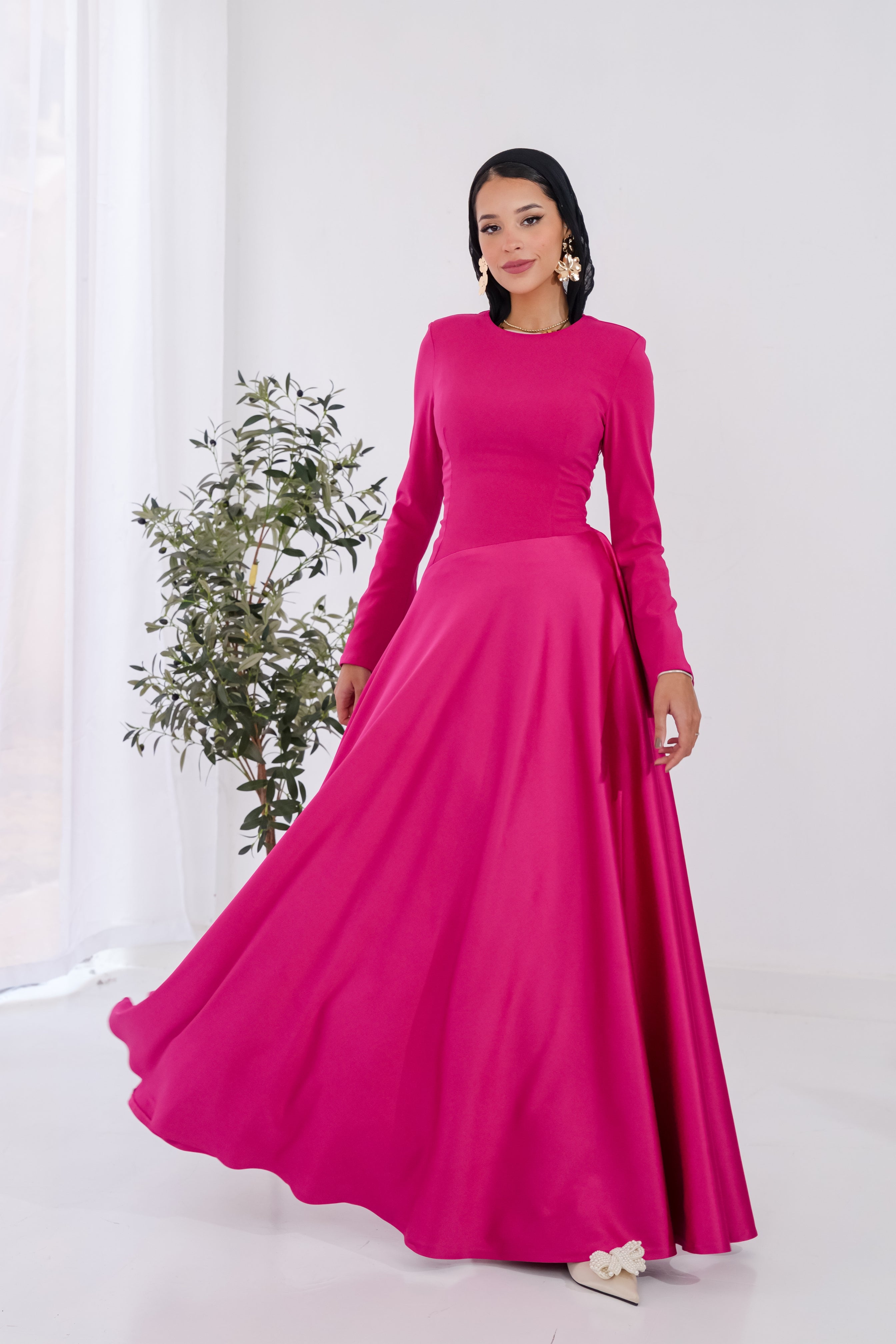 Satin half and half A-Line Dress in Hot Pink