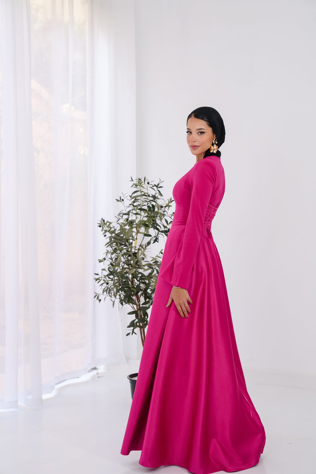 Satin half and half A-Line Dress in Hot Pink