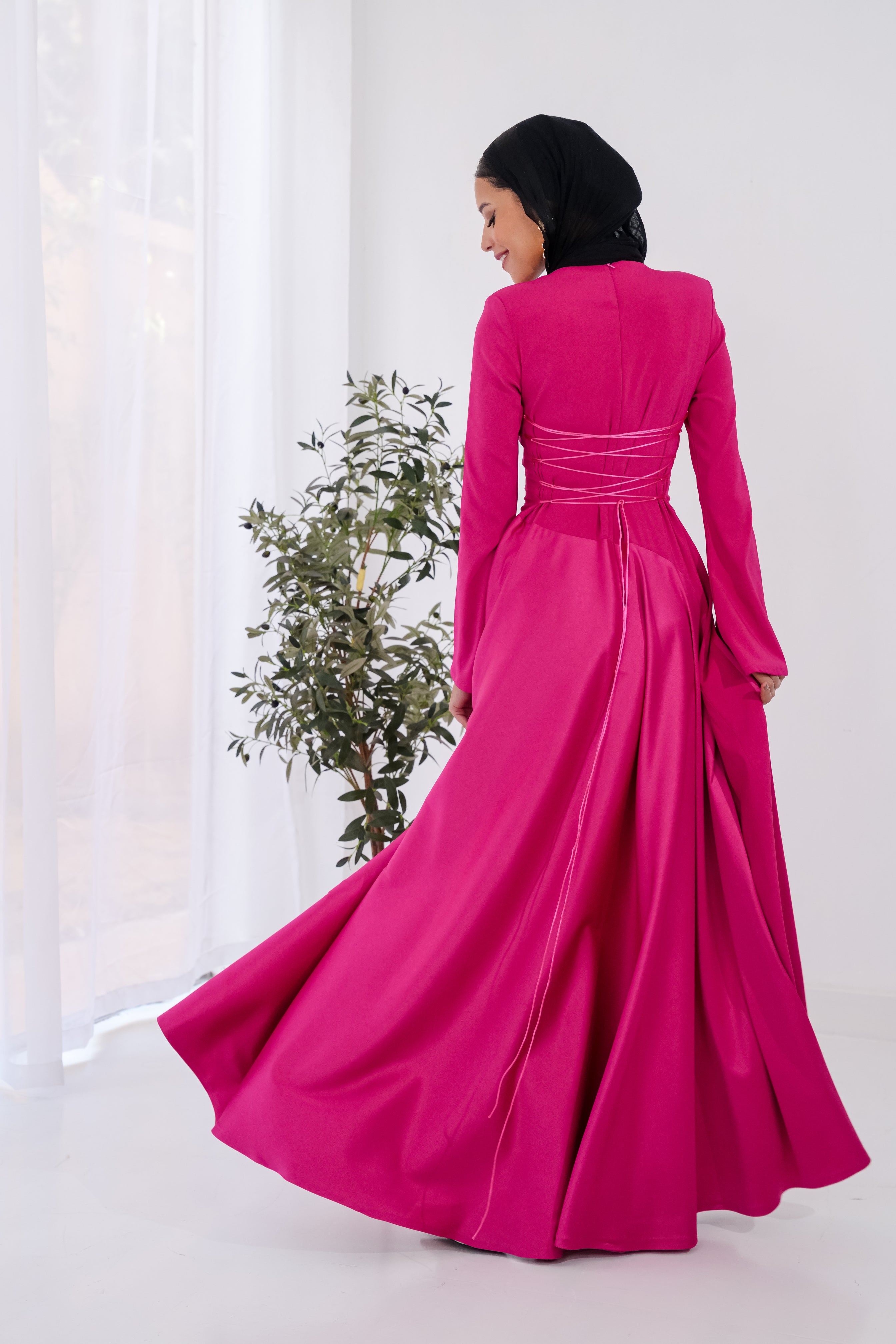 Satin half and half A-Line Dress in Hot Pink