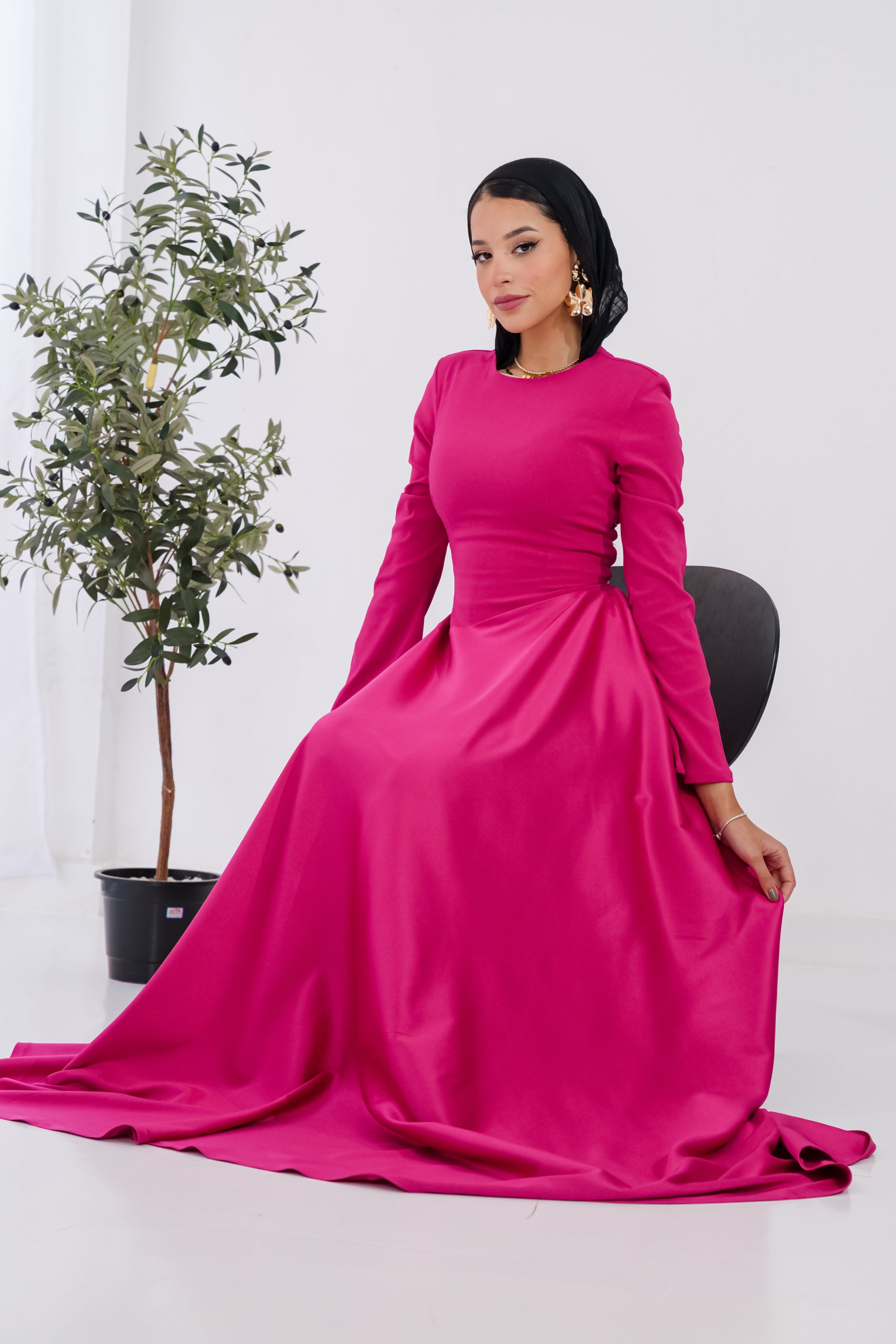 Satin half and half A-Line Dress in Hot Pink