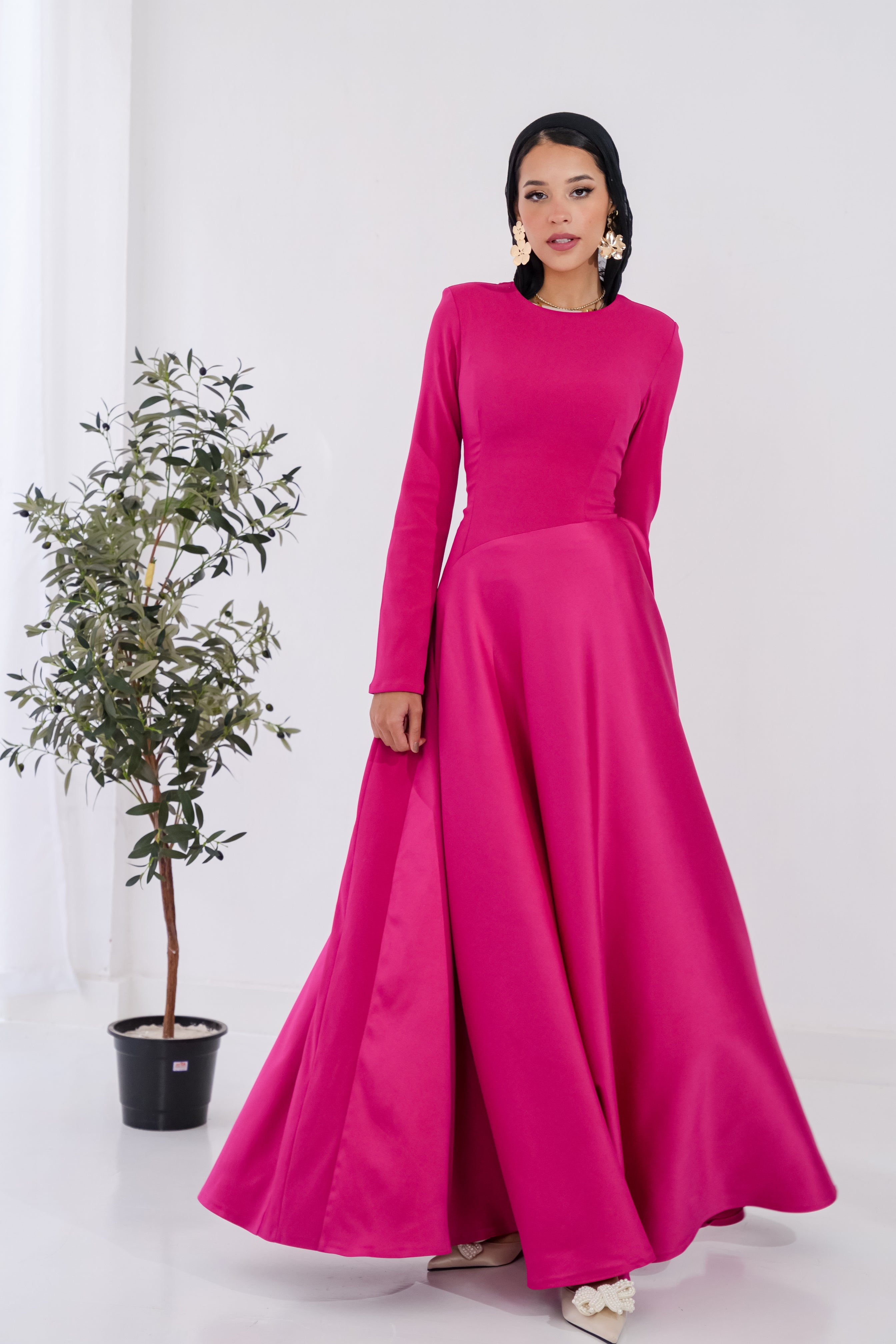 Satin half and half A-Line Dress in Hot Pink