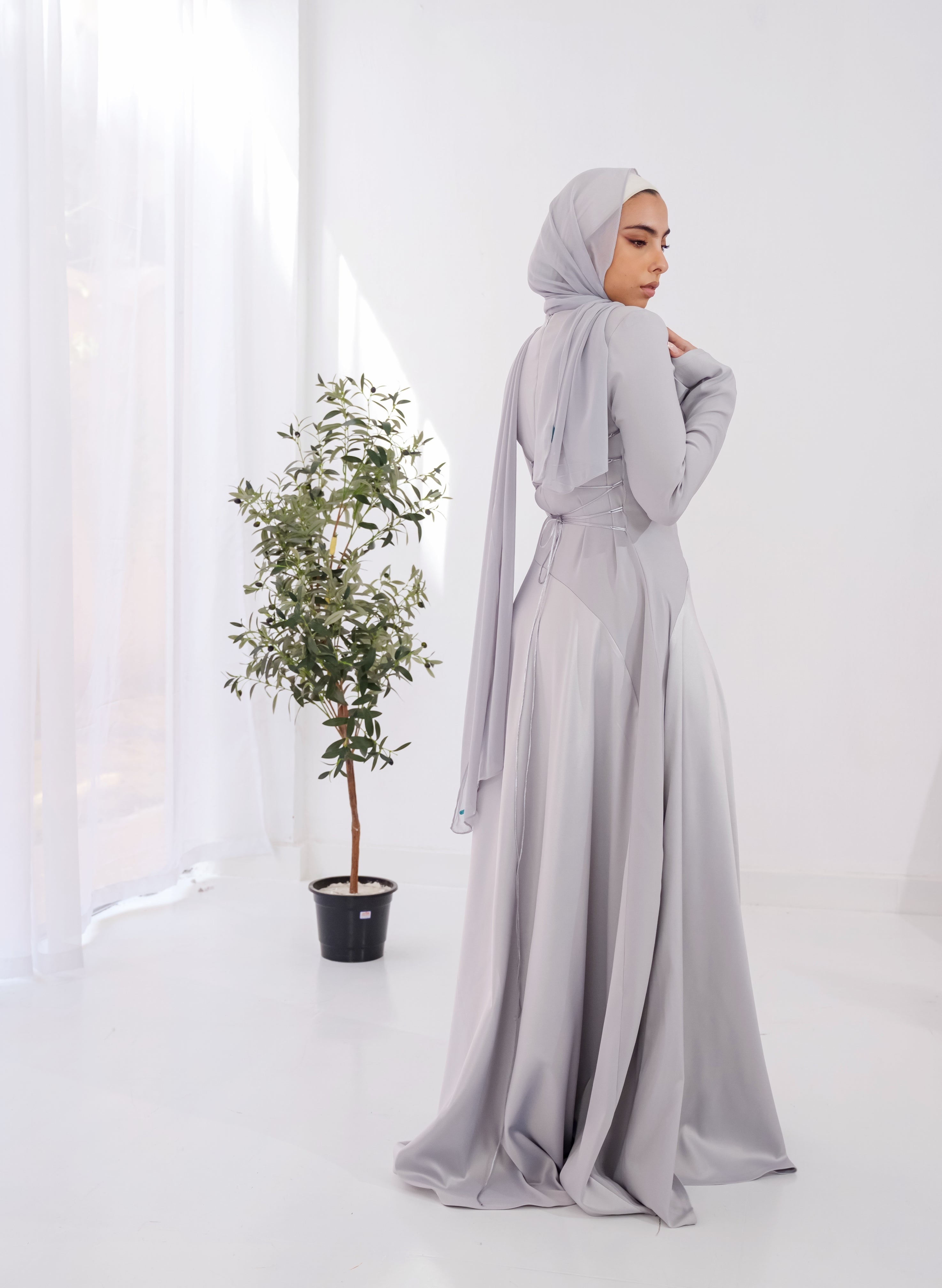 Satin half and half A-Line Dress in Silver