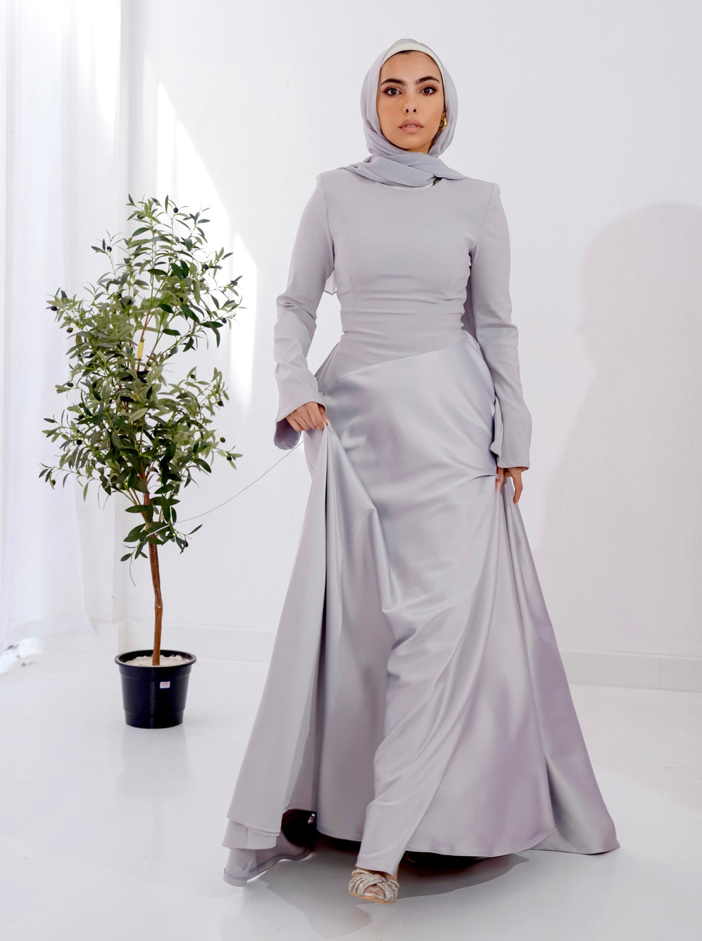 Satin half and half A-Line Dress in Silver