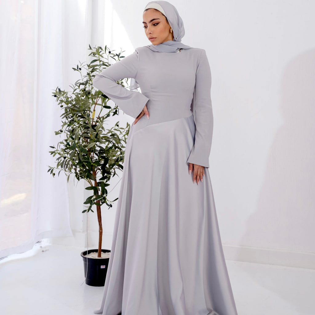 Satin half and half A-Line Dress in Silver