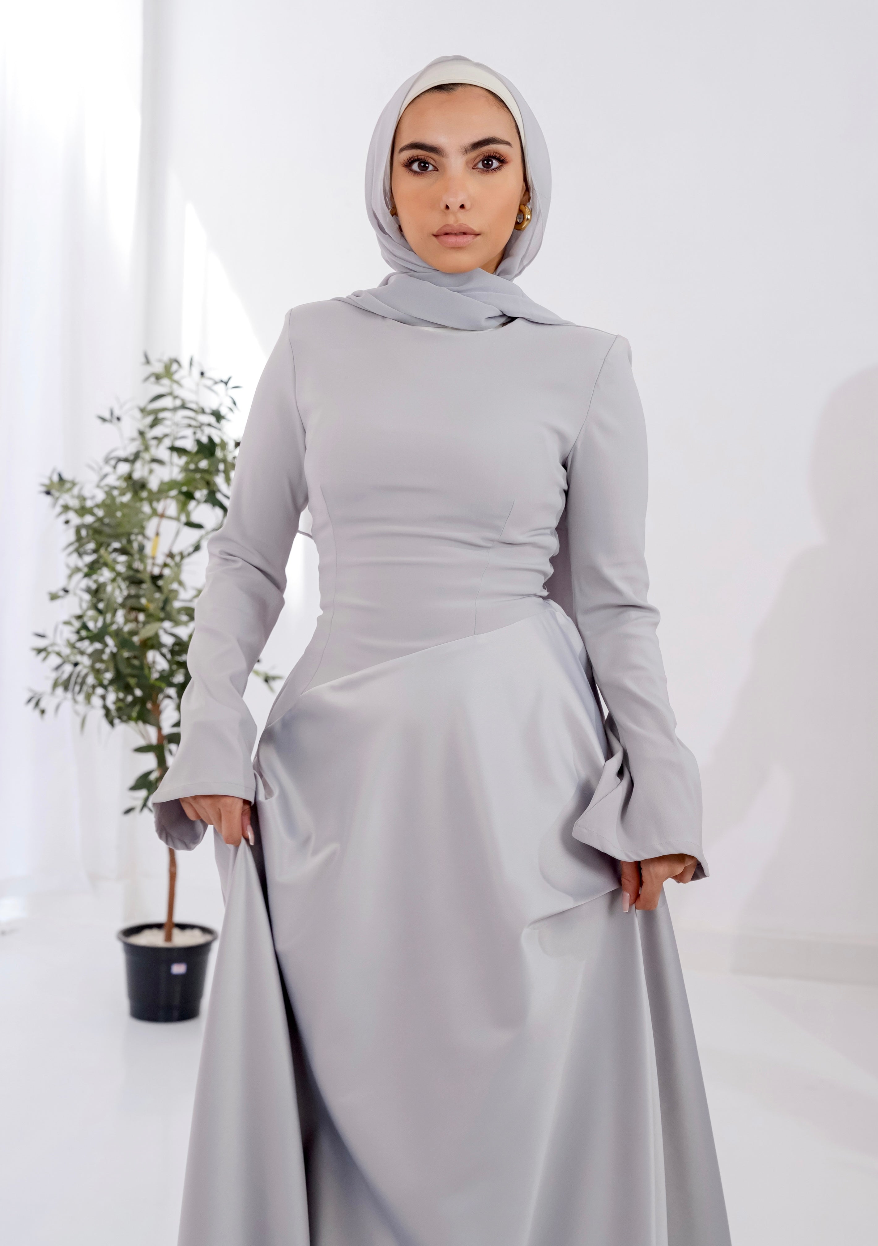 Satin half and half A-Line Dress in Silver